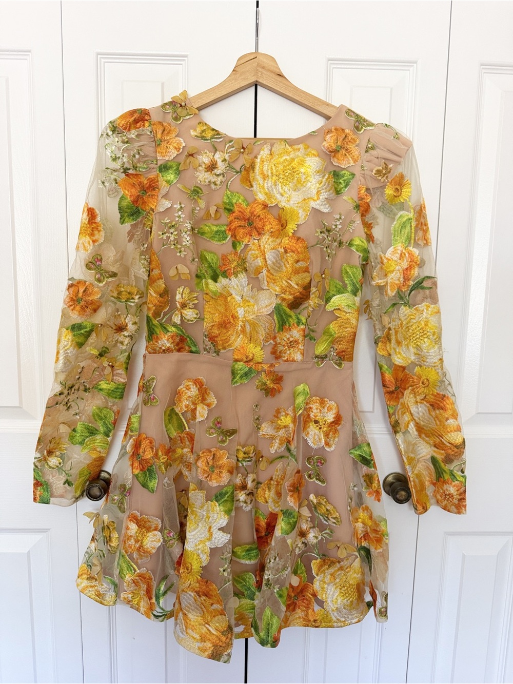 Elliatt Yellow & Green Floral Embroidered Long-Sleeve Dress